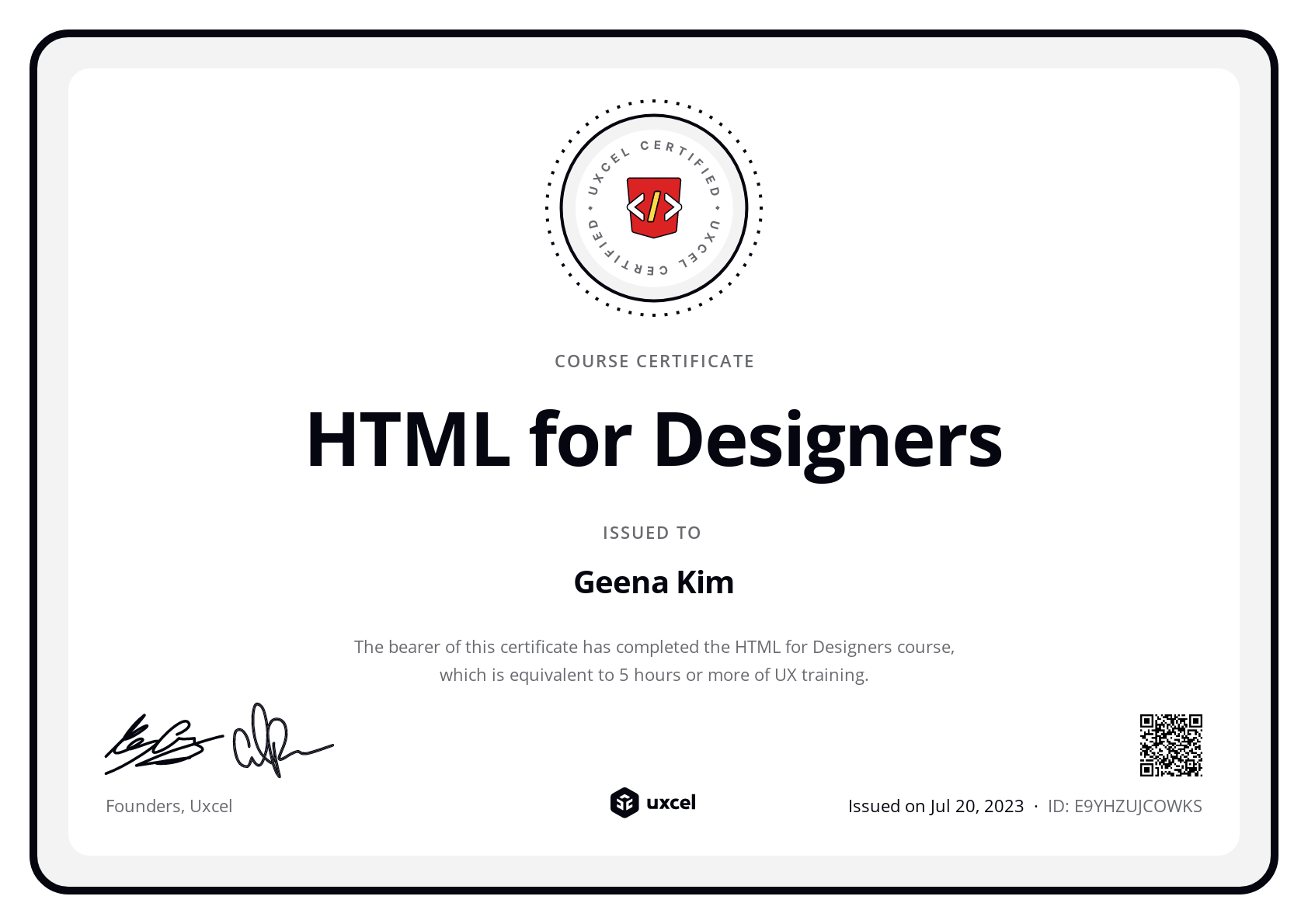 Geena Kim's certificate